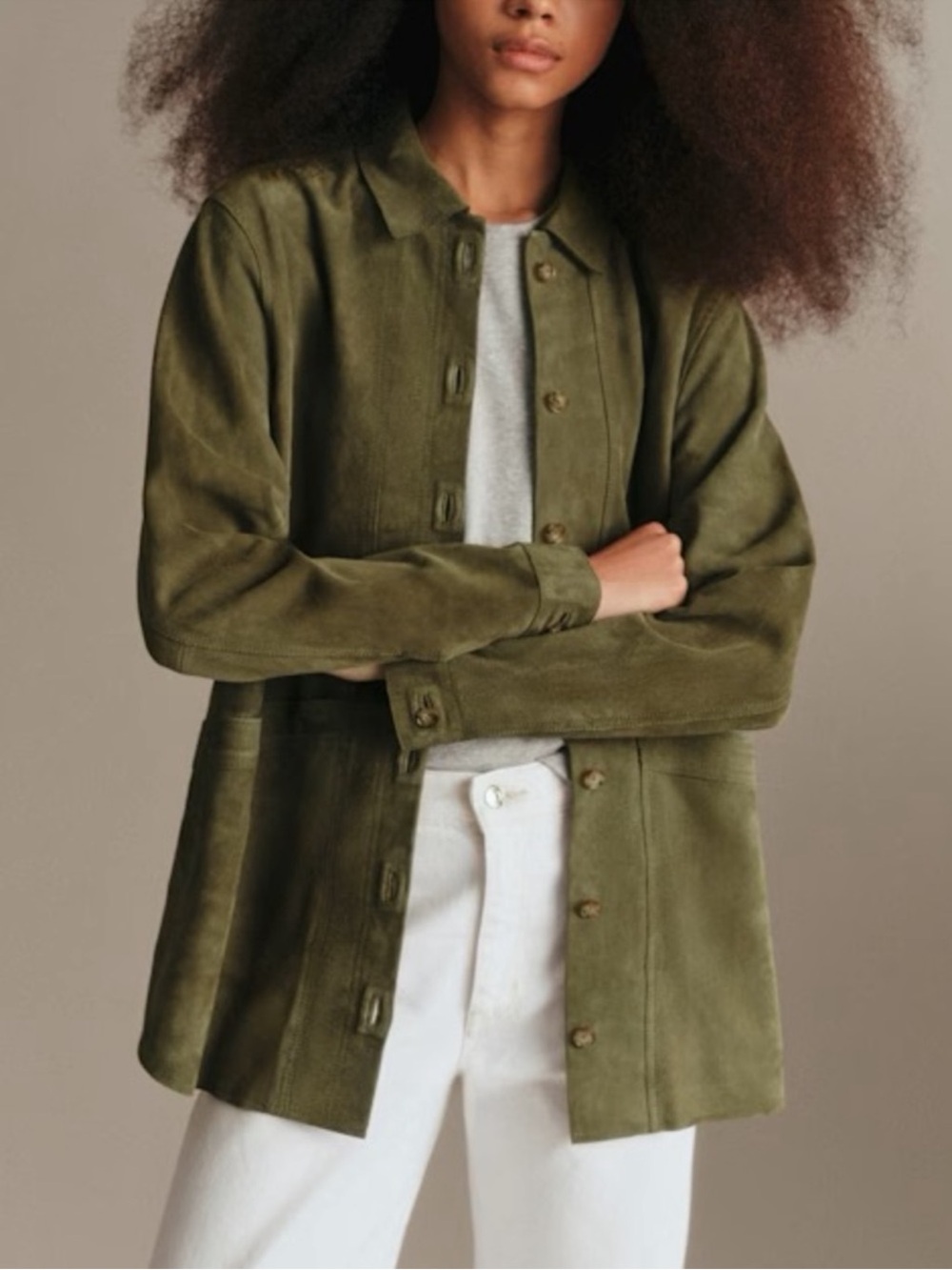 Sézane Will Green Suede Button Goat Leather Jacket